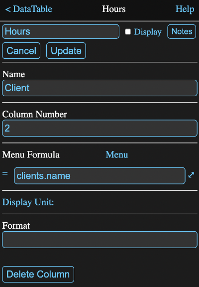 Menu Column	 Editor