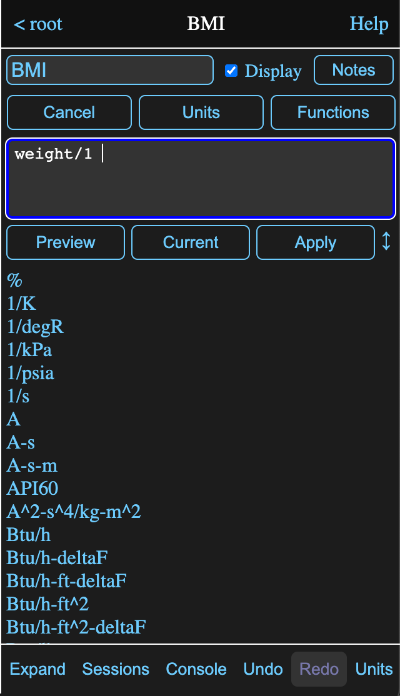 Formula editor with unit preview