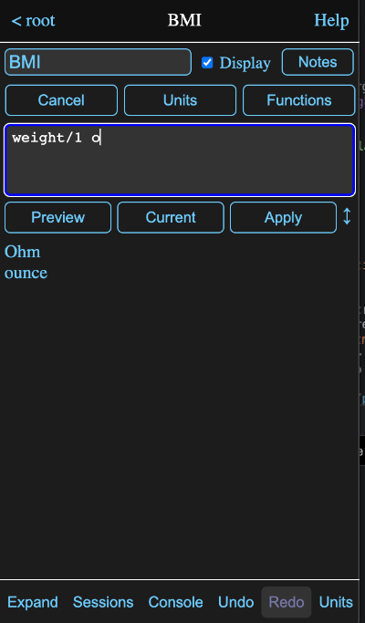 Formula editor with O unit preview