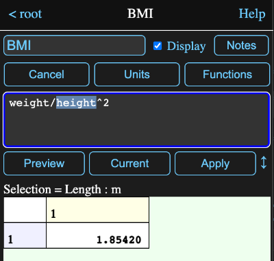 Calculated height result preview